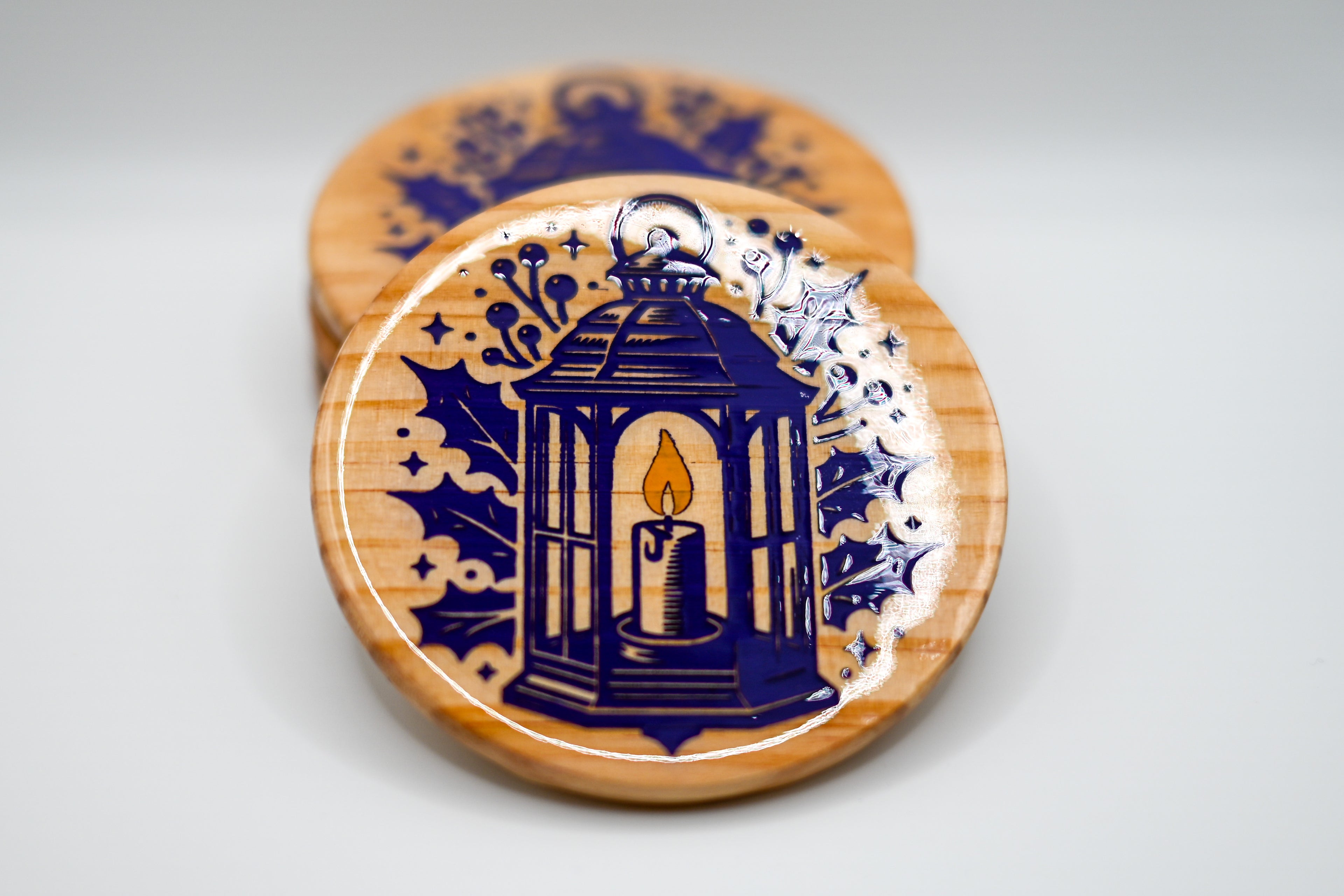 Candle Lantern & Holly – Laser Engraved Wood Coaster