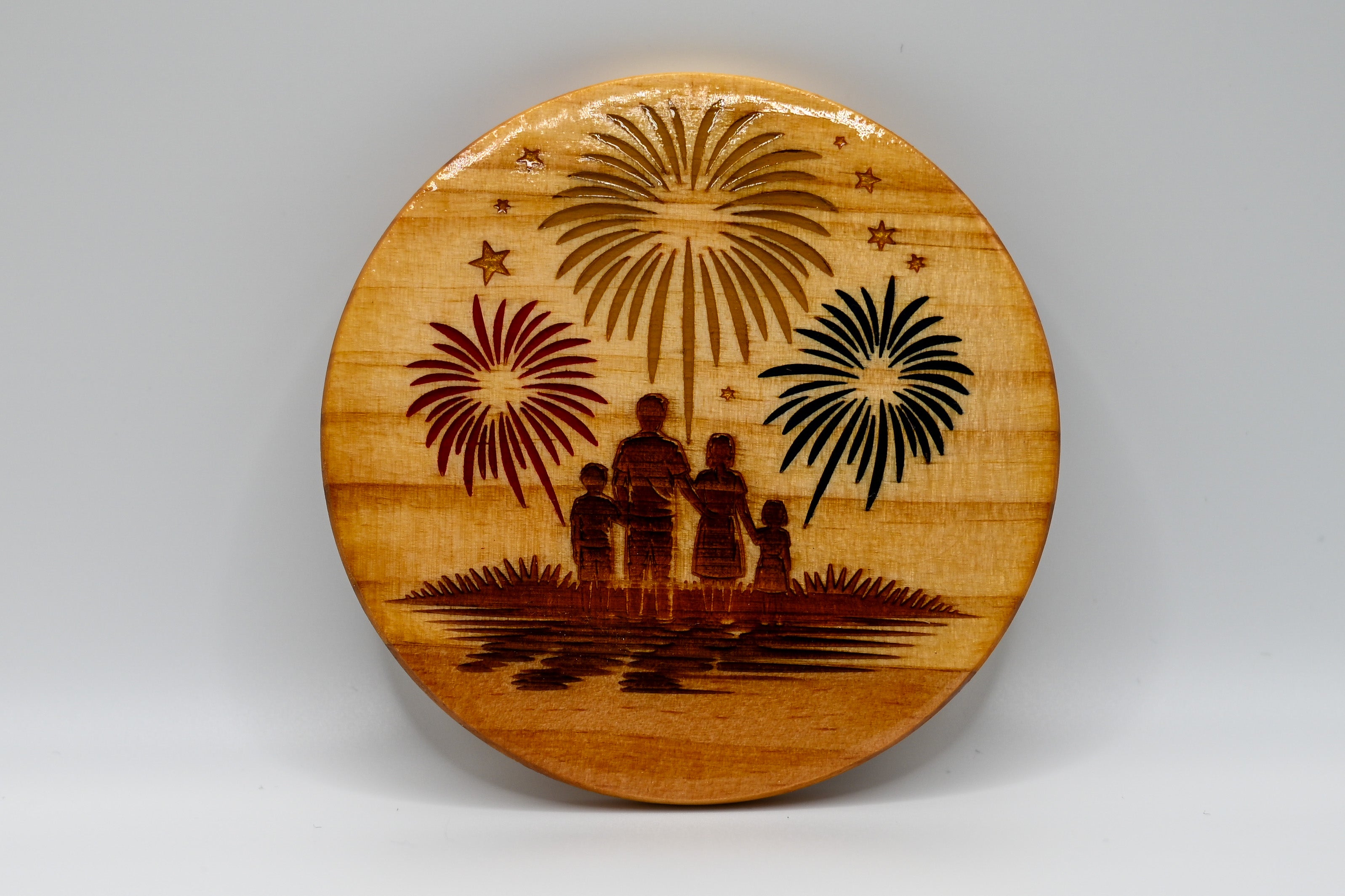 Family Fireworks Laser Engraved Wood Coaster