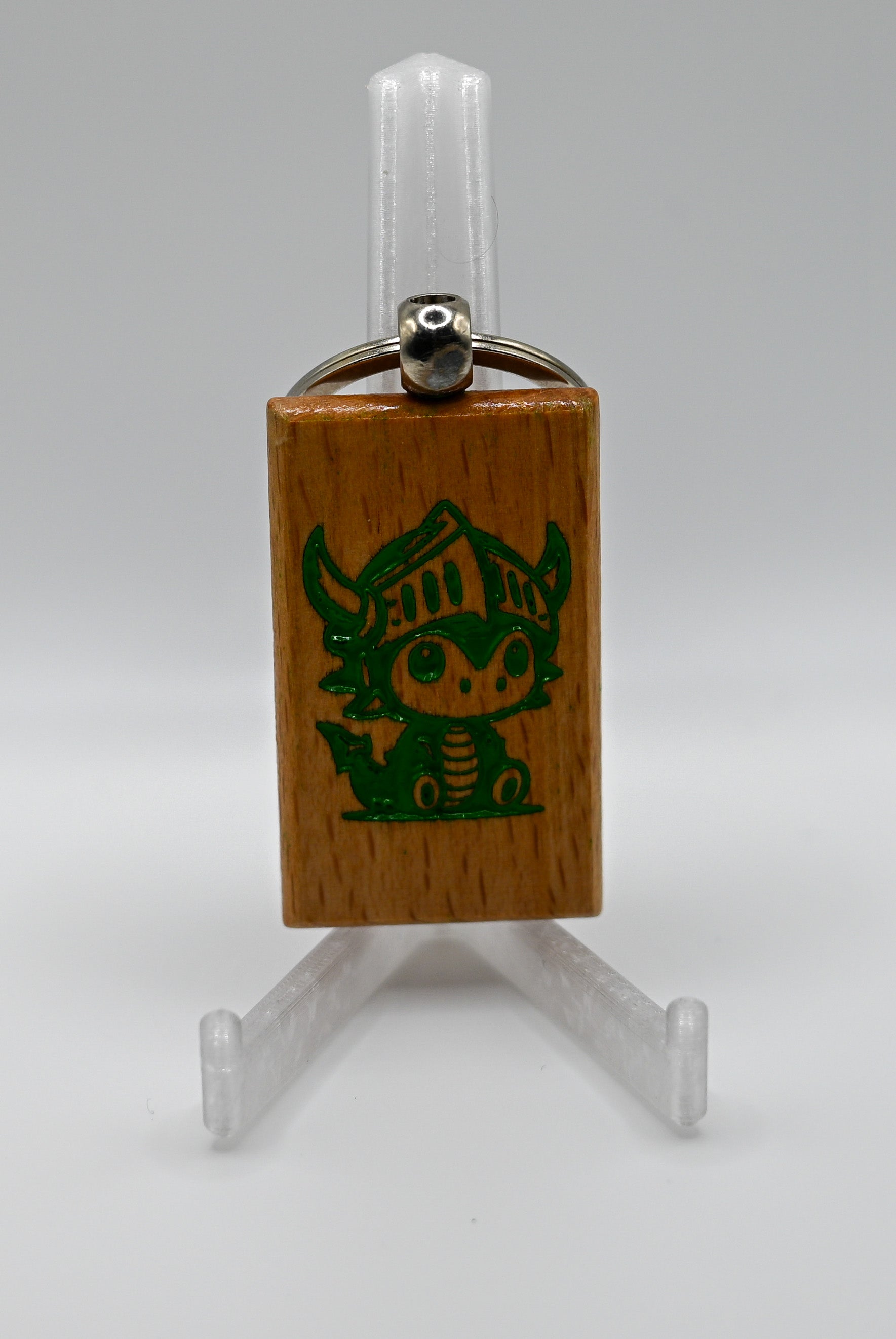 Laser Engraved Wood Keychain – Helmet Dragon (Green)