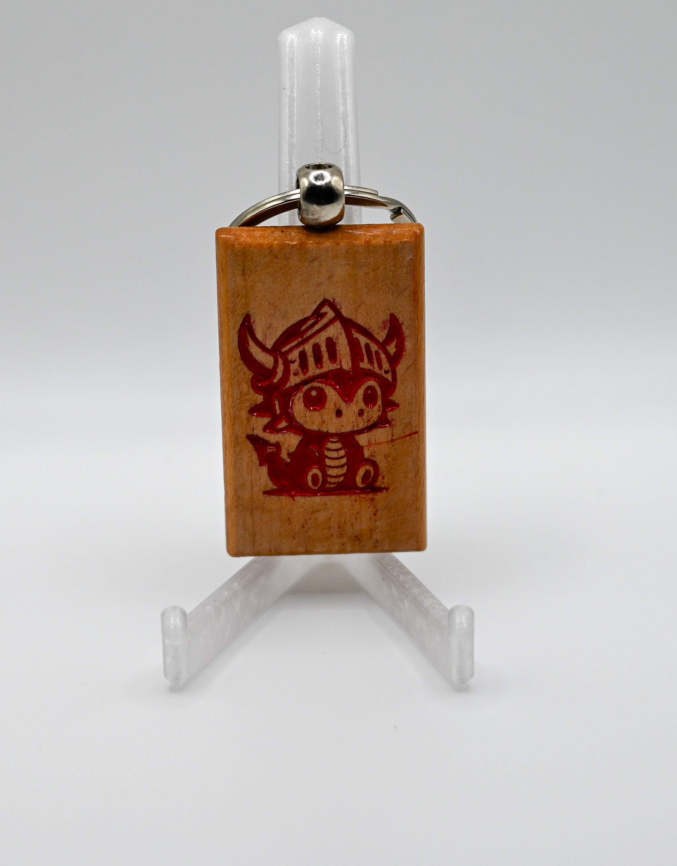 Laser Engraved Wood Keychain – Helmet Dragon (Red)
