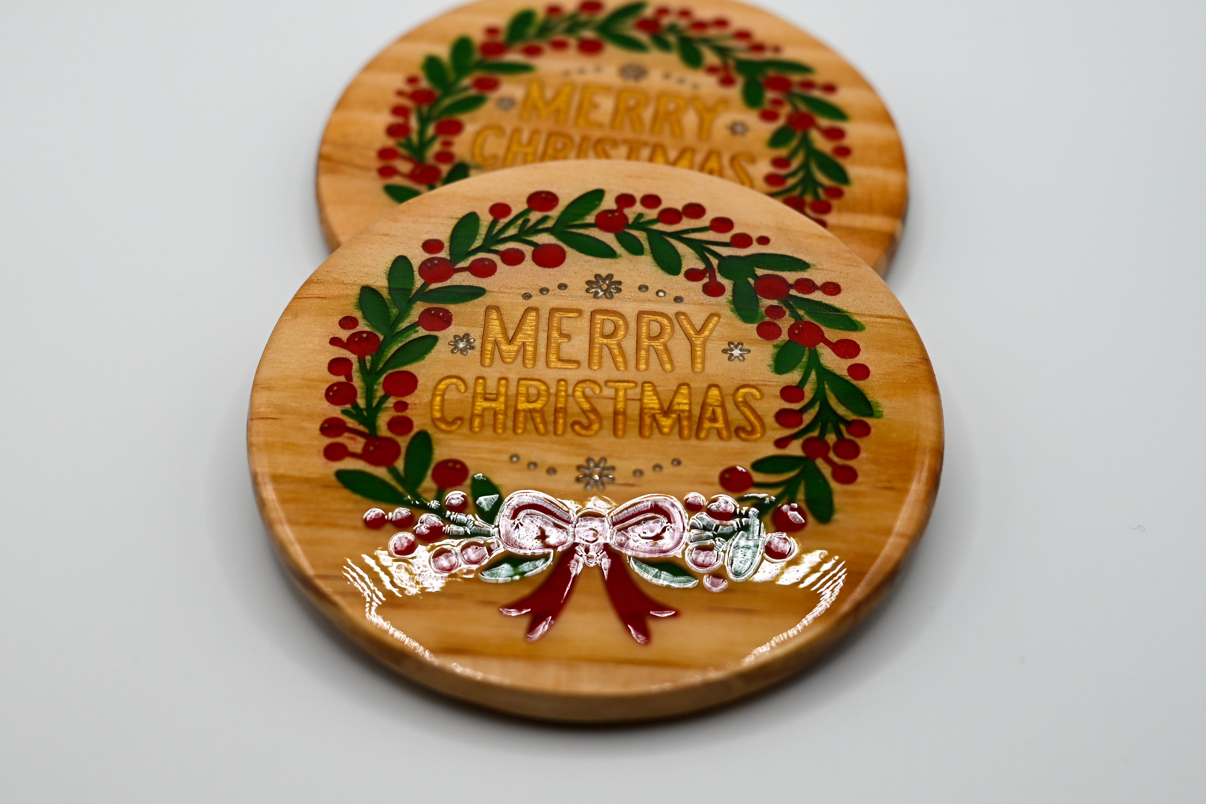 Merry Christmas Wreath Laser Engraved Wood Coaster