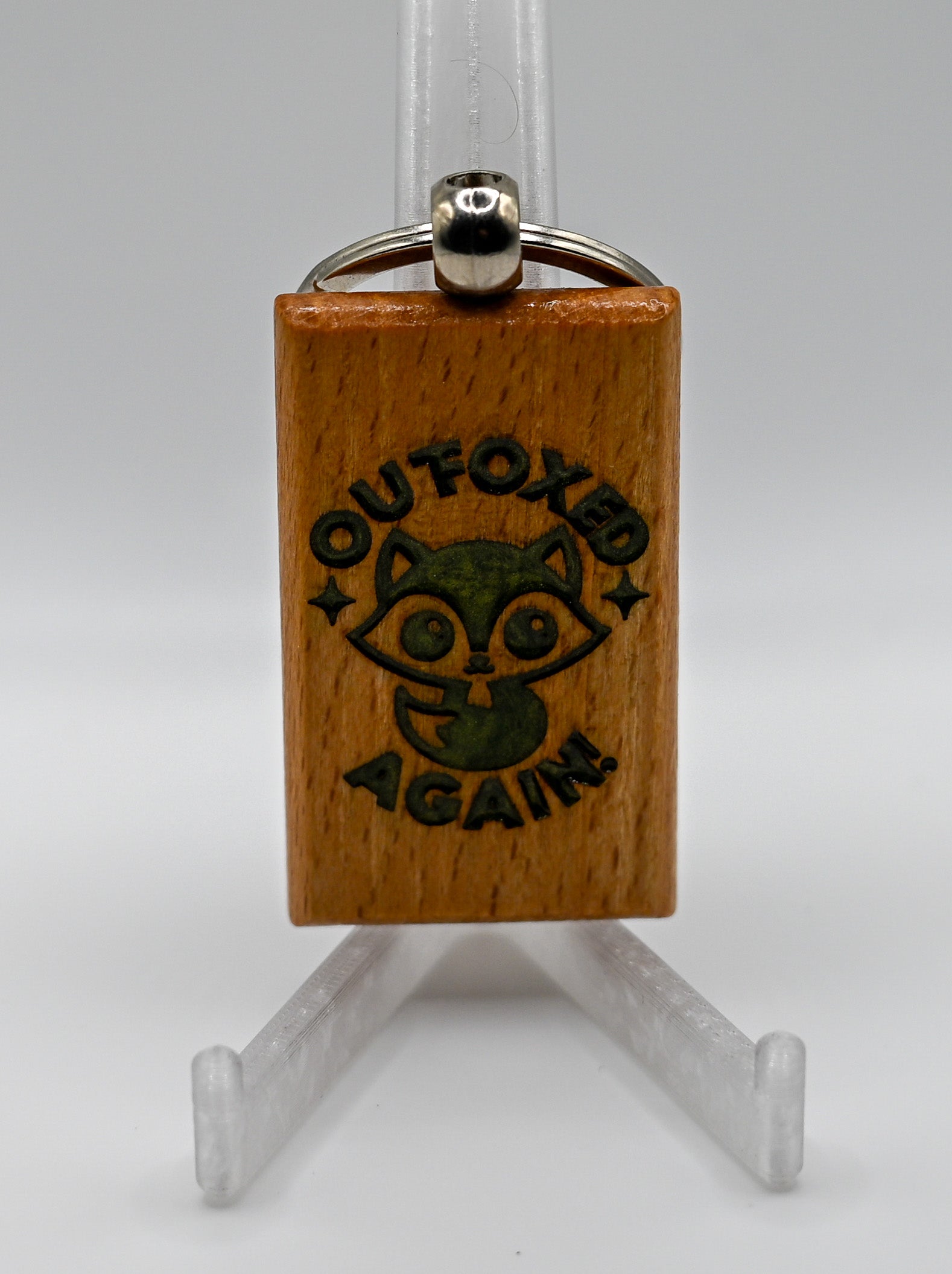 Laser Engraved Wood Keychain - Outfoxed Again (Green)