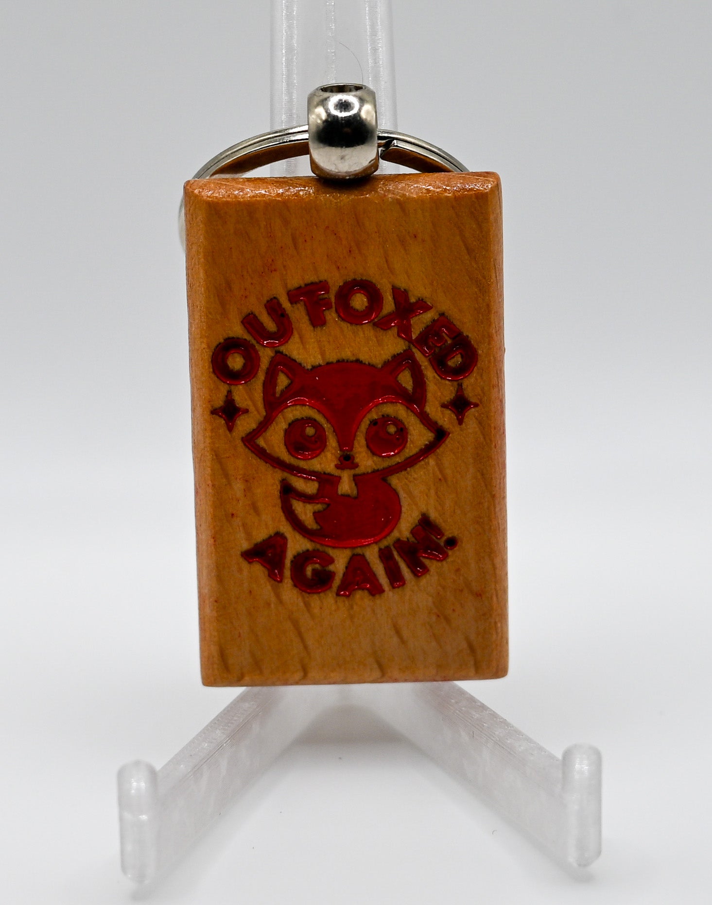 Laser Engraved Wood Keychain - Outfoxed Again (Red)