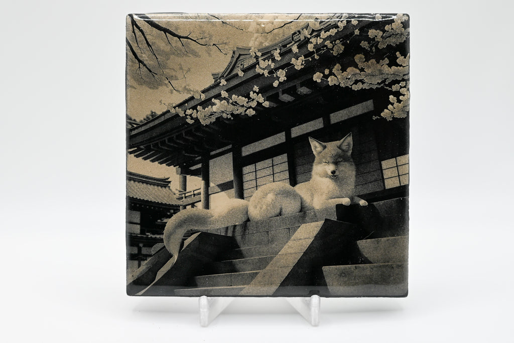 Japanese Temple Fox & Red Panda Laser Etched Tile Set of 4