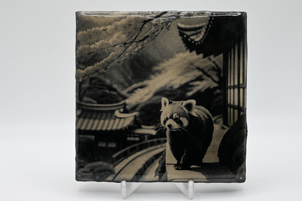 Japanese Temple Fox & Red Panda Laser Etched Tile Set of 4