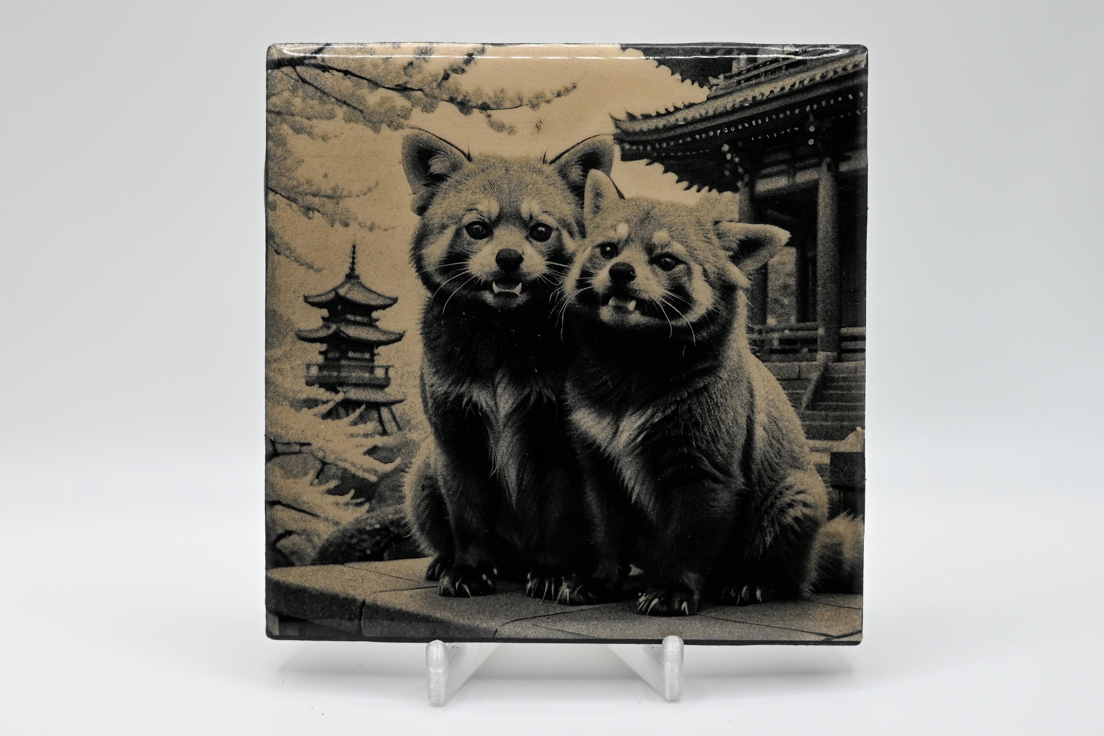Japanese Temple Fox & Red Panda Laser Etched Tile Set of 4