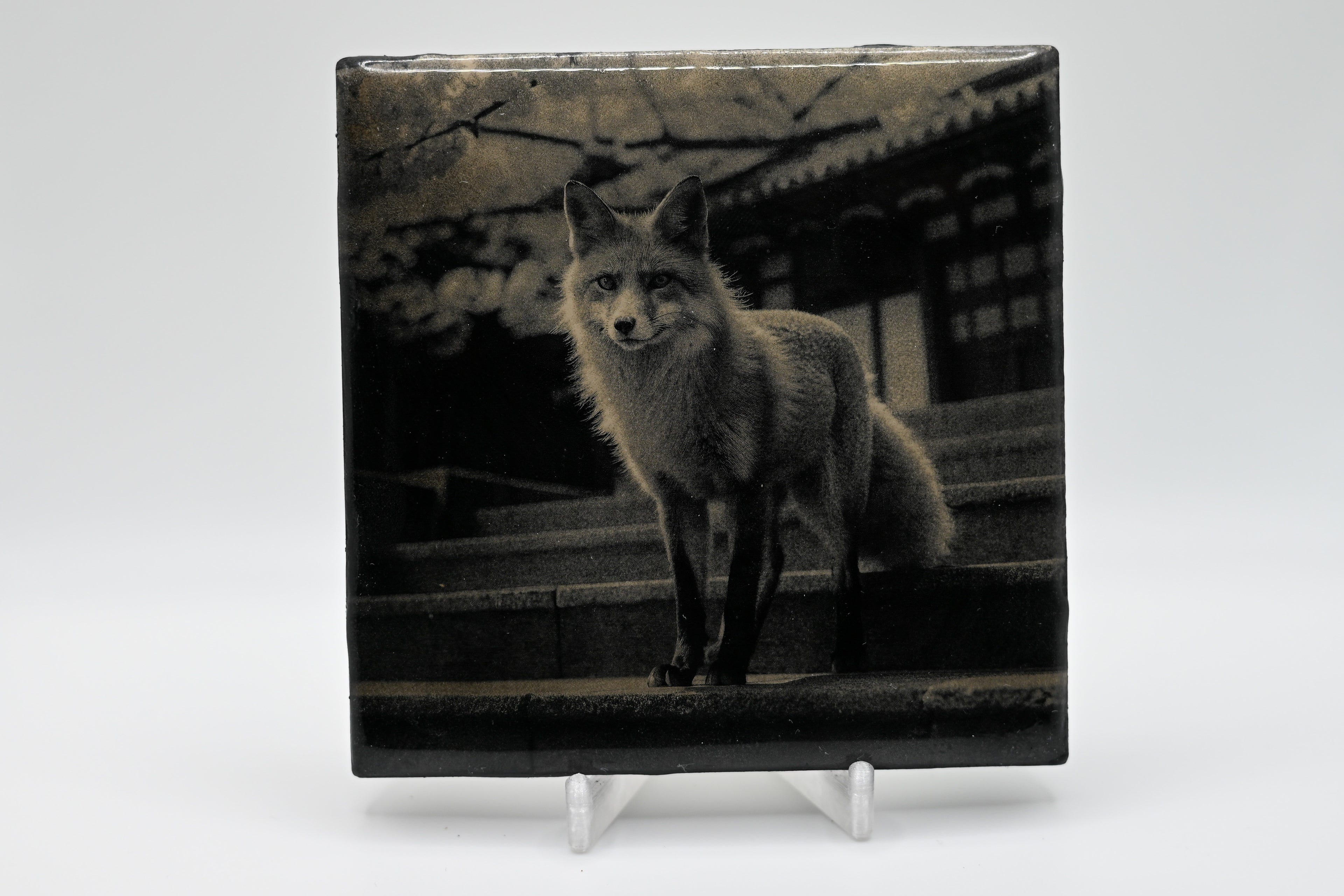 Japanese Temple Fox & Red Panda Laser Etched Tile Set of 4