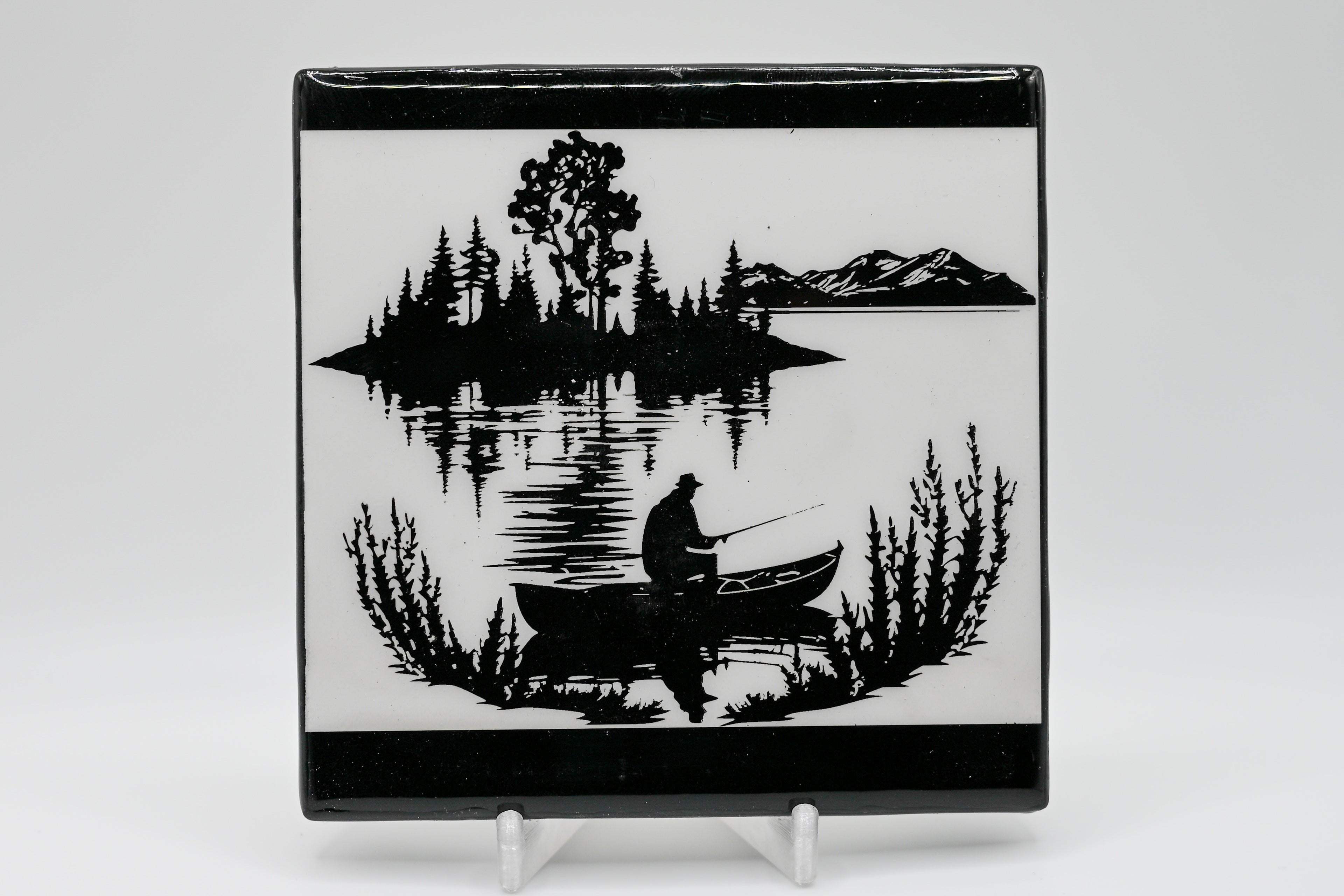 Fisherman Silhouette Laser Etched Ceramic Tile