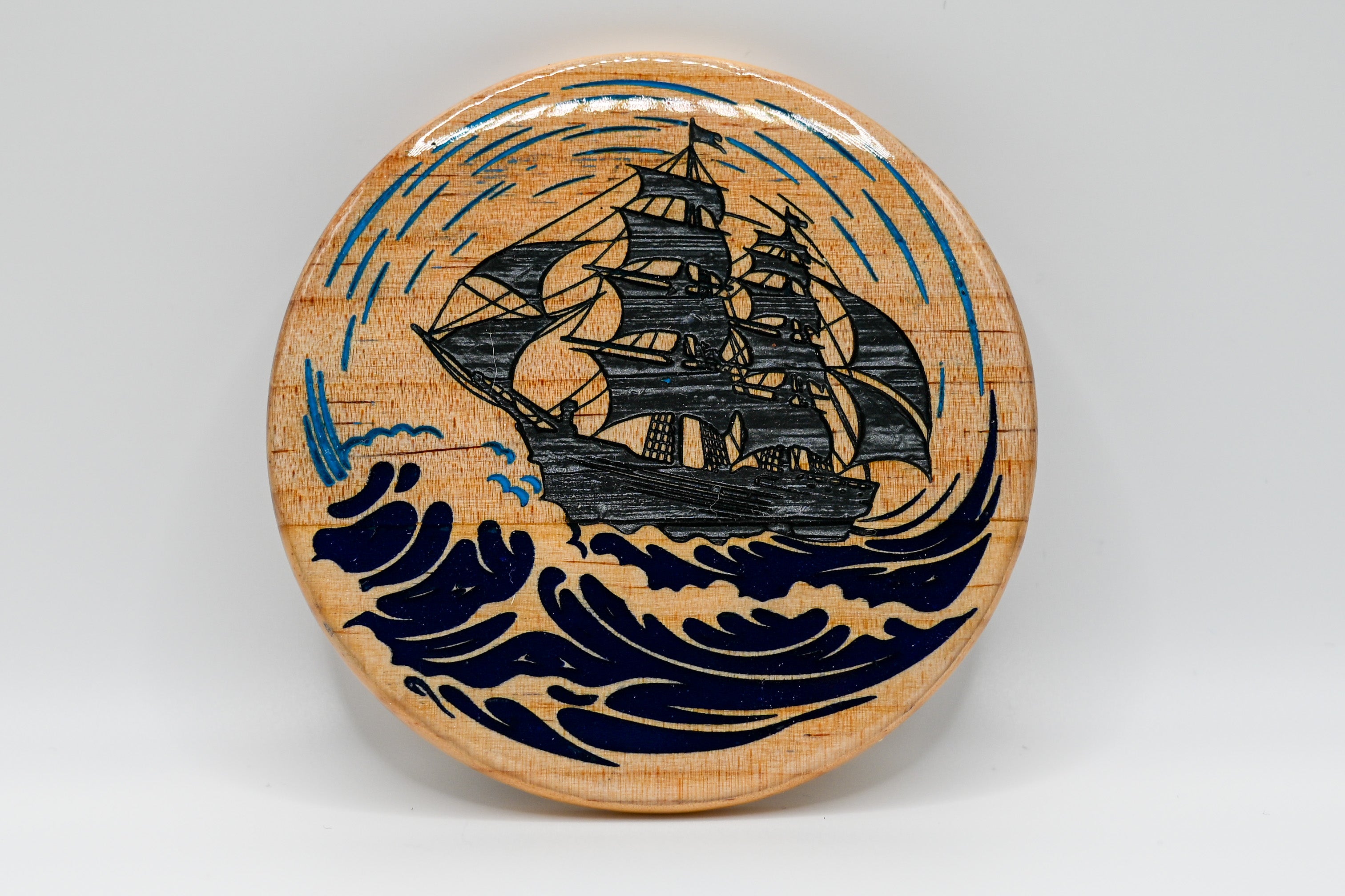 Tall Ship on Rough Seas – Laser Engraved Wood Coaster