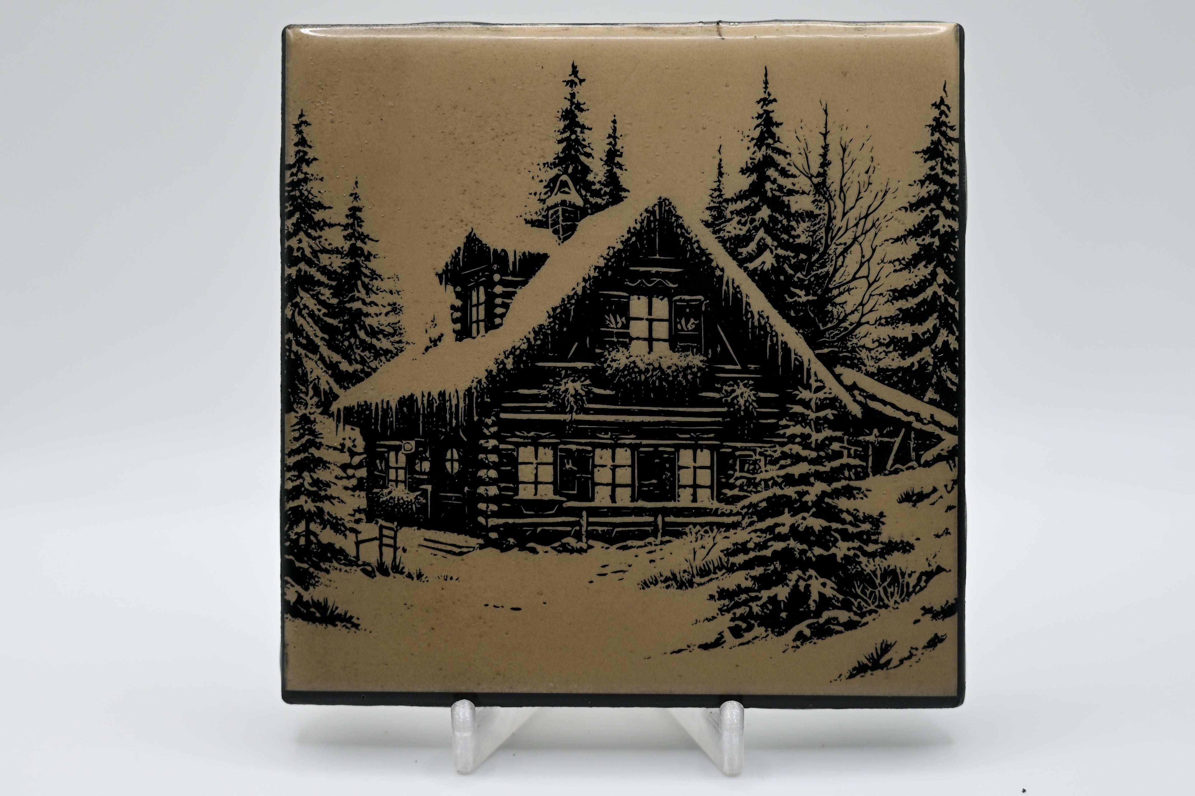 Snow Covered Cabin Laser Etched Ceramic Tile