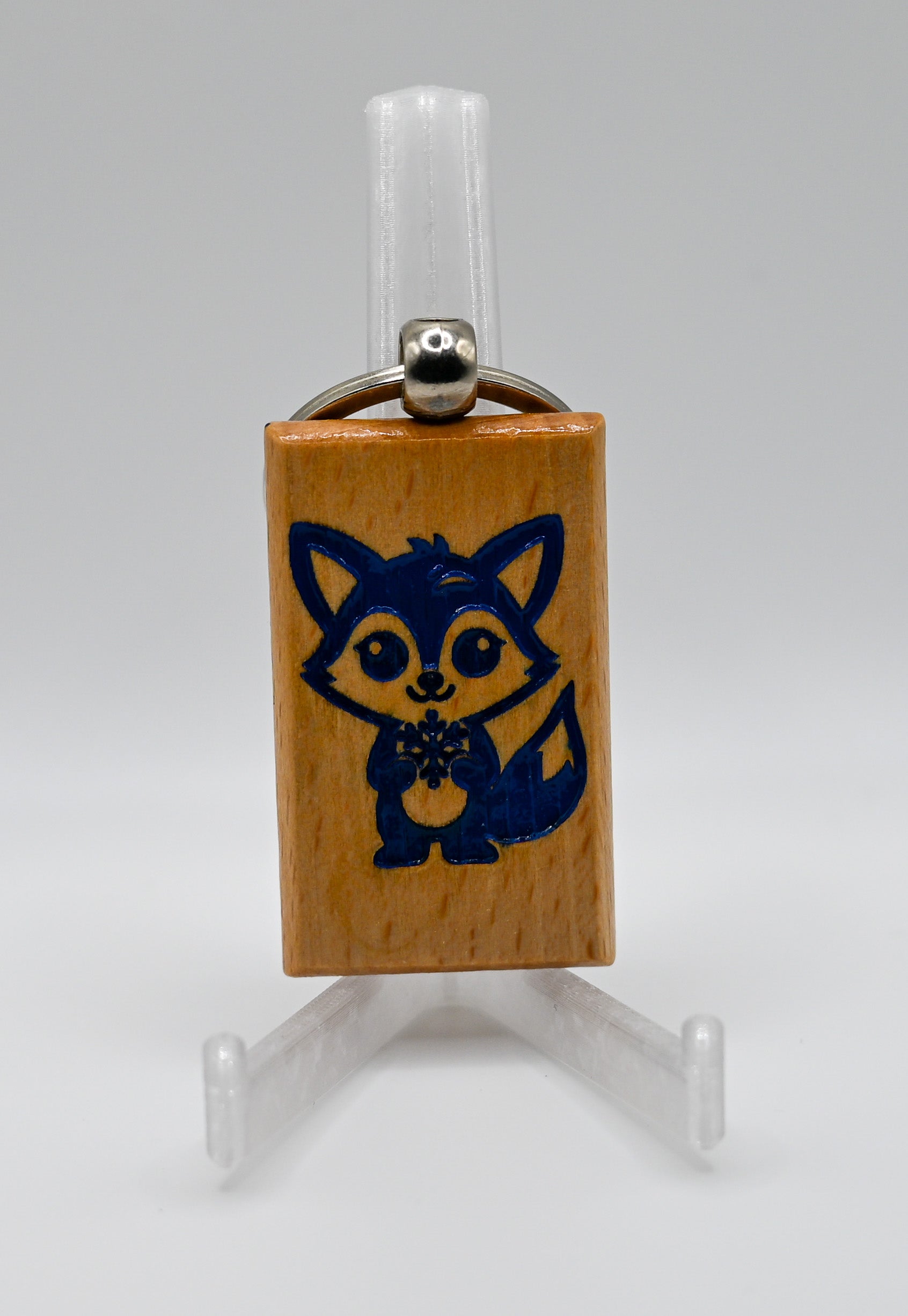Laser Engraved Wood Keychain - Snowflake Fox (Blue)