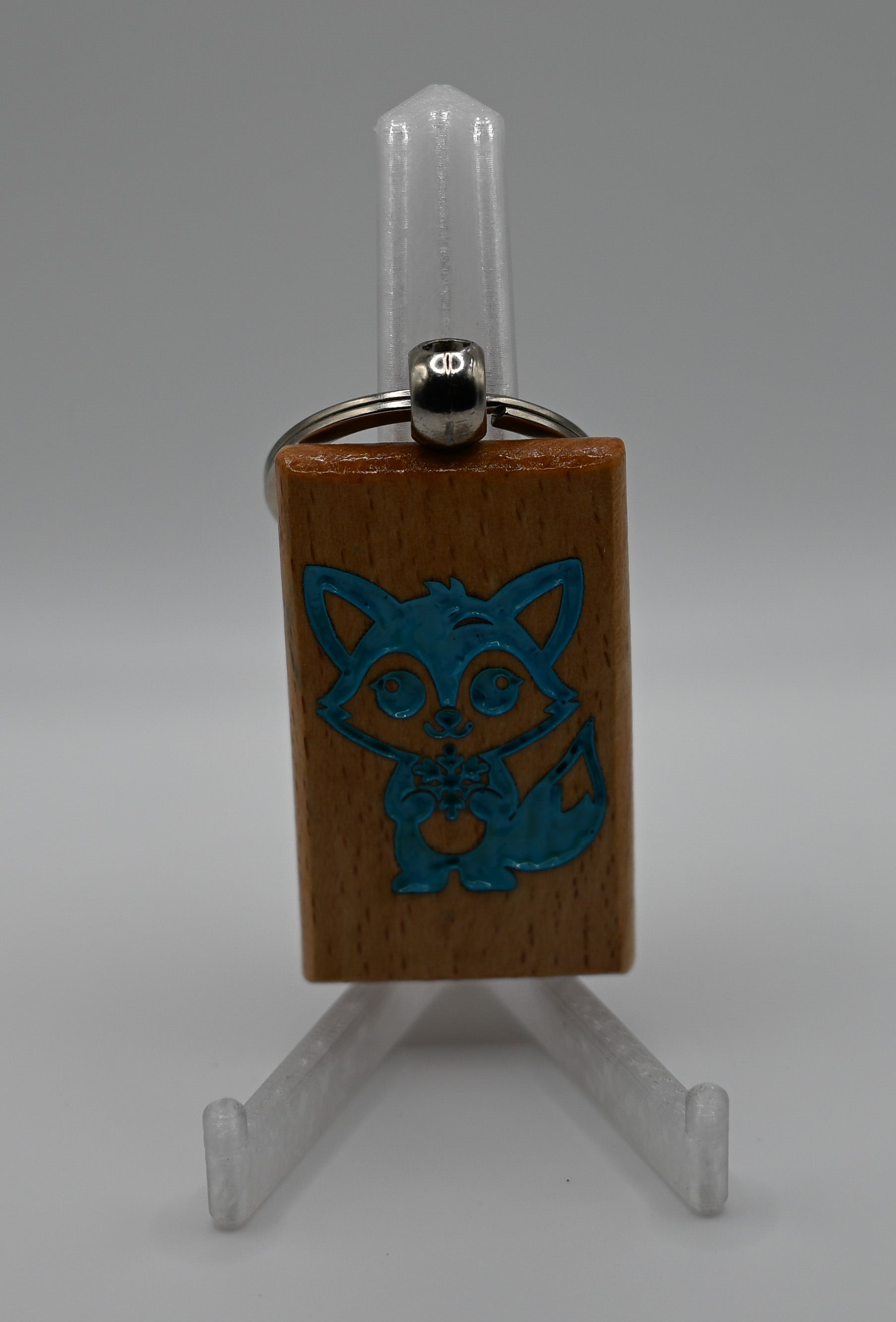 Laser Engraved Wood Keychain - Snowflake Fox (Light Blue)